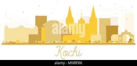 Kochi City Skyline Silhouette in Gold Farbe. Vector Illustration. Einfache flache Konzept für Tourismus Präsentation, Banner, Plakat oder Website. Stock Vektor