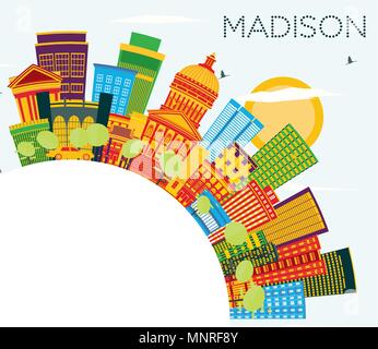 Madison Wisconsin Skyline mit Farbe Gebäude, blauer Himmel und Kopieren. Vector Illustration. Stock Vektor