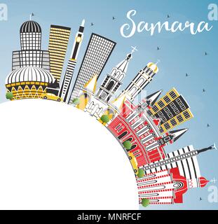 Samara Russland Skyline der Stadt mit Gebäuden, blauer Himmel und Kopieren. Vector Illustration. Stock Vektor