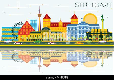 Stuttgart Deutschland Skyline mit Farbe Gebäude, blauer Himmel und Reflexionen. Vector Illustration. Stock Vektor