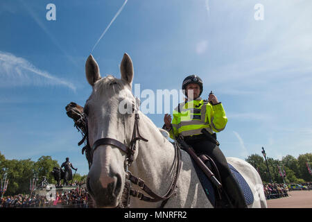 Eine Polizistin auf dem Rücken der Pferde bei der Wachablösung am Buckingham Palace in London. Stockfoto