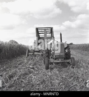 1960, historische Bild eines männlichen Landwirt auf seinem Traktor die Ernte einer Ernte von Weizen. In dieser Zeit, viele Landwirte dazu verwendet wird, Traktor montiert Erntegut Erntemaschinen, England, UK. Stockfoto