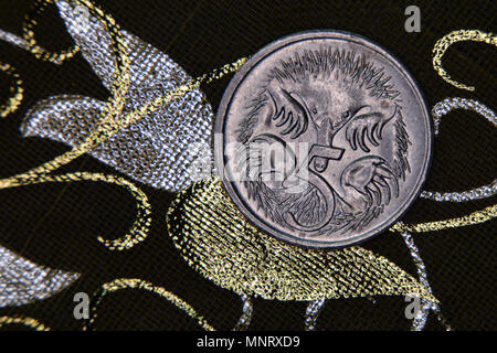Nahaufnahme eines Australischen 5 Cent Münze auf einem dunklen Hintergrund. Stockfoto