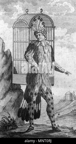 Die Zauberflöte: Figur des "Papageno" (Emanuel Schikaneder) aus der Ausgabe des Textbuches (Wien: Alberti 1791). Englisch: Emanuel Schikaneder als ersten Papageno in Mozarts Zauberflöte. Titelseite der Erstausgabe des Libretto der Zauberflöte. Nederlands: Emanuel Schikaneder als eerste Papageno English: Emanuel Schikaneder als der erste Papageno. Aus dem Titelblatt der Nachauflage des Librettos der Zauberflöte. . Drucker Ignaz Alberti 959 Papageno Stockfoto