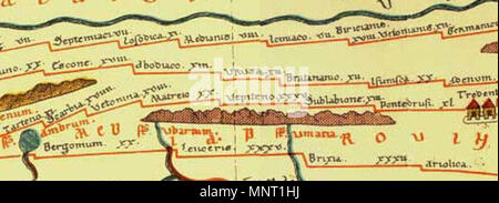 . Englisch: Teil der römischen Straße Karte Tabula Peutingeriana angezeigt, unter anderen, Vetonina (moderne Innsbruck), Matreio (Matrei am Brenner) und Pontedrvsi (Bozen). Deutsch: Osa roomalaisesta tiekartasta Tabula Peutingerianasta, näkyvillä mm. Vetonina (Innsbruck), nykyään Matreio (Matrei am Brenner) ja Pontedrvsi (Bozen). 10 Dezember 2012, 11:47:33. Conradi Millieri (Faksimile), Jmk (Zurechtschneiden) 962 Teil der Tabula Peutingeriana um Brenner Stockfoto
