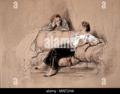 Paul Gavarni (Französisch, 1804-1866). 'Frau auf dem Sofa", Ca. 1850. eisengallustinte Tinte und farbigen Tinten mit Weiß gehöht auf Braun, mäßig dick, leicht strukturierte webte Papier. Walters Art Museum (37.1427): Erworben durch William T. Walters. 37.1427 966 Paul Gavarni - Dame auf dem Sofa - Walters 371427 Stockfoto