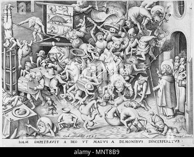 . Deutsch: "Fall der Magician" (1565) von Pieter van der Heyden, nach Pieter Brueghel der Ältere. Eine Satire auf die Auswüchse der spanischen Inquisition. 1565. Pieter Bruegel (I) 989 Pieter Bruegel (1565) Fall der Magier Stockfoto