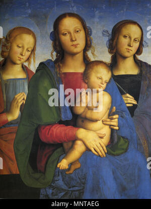 English: Maria mit Art und den Hll. Rosa (?) und Katharina (?) Italiano: Madonna col Bambino tra Santa Rosa (?) e Santa Caterina English: um 1493/1495. 997 Pietro Perugino 075 Stockfoto