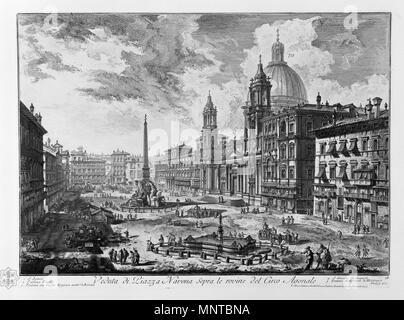 Italiano: Veduta di Piazza Navona Sopra Le rovine del Circo Agonale. Chiesa di Sant'Agnese in Agone Palazzo Pamphilj Fontana con Guglia Egiziaca, Archit. Ein di Bernini Chiesa di San Giacomo degli Spagnuoli Fontana architettura di Michelangelo 1748-1774. 1001 Piranesi -16031 Stockfoto