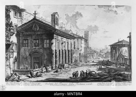 Italiano: Veduta del Tempio di Portuno (Piranesi: Tempio della Fortuna virile), oggi S. Maria Egizziaca Degli Armeni. Residui d'un'antica Fabrica chiamata dal Volgo La Casa di Pilato. Ospizio della Nazione Armena. Tempio di Ercole Vincitore (Piranesi: di Vesta), oggi S. Maria del Sole, Vicino a questo Tempio sbocca nel Tevere la Kloake massima. S. Maria in Cosmedin detta La Scola Greca. Monte Aventino, sotto Al quale si vedono ich vestigj della Spelonca di Cacco. Englisch: Tempel des Portunus 1748-1774. 1001 Piranesi-16062 Stockfoto