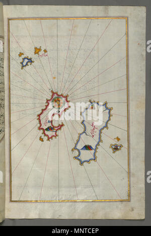 Piri Reis (Türkisch, 1465-1555). "Blatt von Buch Navigation, "17.-18.Jahrhundert. Tinte, Farbe und Gold auf Papier. Walters Art Museum (W. 658.364 B): Erworben durch Henry Walters. W. 658.364 b 1003 Piri Reis-Karte von Aloneses und unbekannte Inseln - Walters W 658364 B-volle Seite Stockfoto