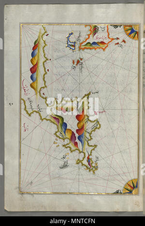 Piri Reis (Türkisch, 1465-1555). "Blatt von Buch Navigation, "17.-18.Jahrhundert. Tinte, Farbe und Gold auf Papier. Walters Art Museum (W. 658.99 A): Erworben durch Henry Walters. W. 658.99 a1003 Piri Reis-Karte von Syme Insel nord-westlich von der Insel Rhodos - Walters W 65899 A-volle Seite Stockfoto