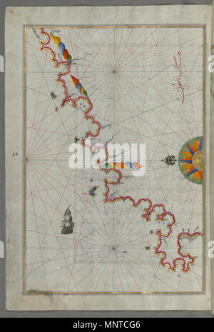 Piri Reis (Türkisch, 1465-1555). "Blatt von Buch Navigation, "17.-18.Jahrhundert. Tinte, Farbe und Gold auf Papier. Walters Art Museum (W. 658.92 A): Erworben durch Henry Walters. W. 658.92 a1003 Piri Reis-Karte von der anatolischen Küste entlang des Kerme Bucht - Walters W 65892 A-volle Seite Stockfoto