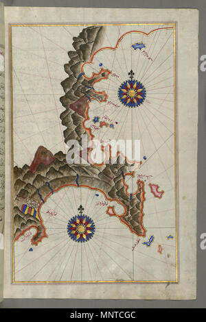 Piri Reis (Türkisch, 1465-1555). "Blatt von Buch Navigation, "17.-18.Jahrhundert. Tinte, Farbe und Gold auf Papier. Walters Art Museum (W. 658.336 B): Erworben durch Henry Walters. W. 658.336 b 1003 Piri Reis-Karte von der anatolischen Küste östlich von Finike - Walters W 658336 B-volle Seite Stockfoto