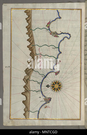 Piri Reis (Türkisch, 1465-1555). "Blatt von Buch Navigation, "17.-18.Jahrhundert. Tinte, Farbe und Gold auf Papier. Walters Art Museum (W. 658.328 A): Erworben durch Henry Walters. W. 658.328 a1003 Piri Reis-Karte von der anatolischen Küste so weit wie Alanya - Walters W 658328 A-volle Seite Stockfoto