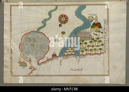 Piri Reis (Türkisch, 1465-1555). "Blatt von Buch Navigation, "17.-18.Jahrhundert. Tinte, Farbe und Gold auf Papier. Walters Art Museum (W. 658.306 B): Erworben durch Henry Walters. W. 658.306 b1004 Piri Reis-Karte von den Nil Mündung mit den Städten Rashid und Burullus auf jeder Seite - Walters W 658306 B-volle Seite Stockfoto