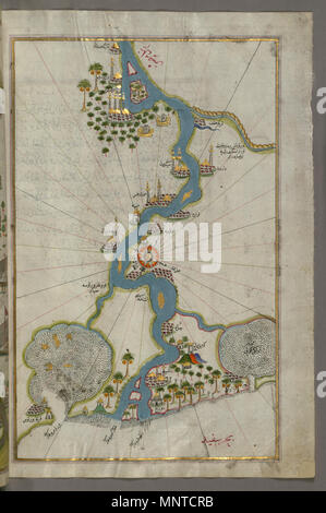 Karte von den Nil Von seiner Mündung in Richtung Süden. Englisch: Dieses Folio aus Walters Manuskript W. 658 enthält eine Karte von den Nil Von seiner Mündung in Richtung Süden. . Ende des 11. Jahrhunderts AH/AD 17. Jahrhundert - Anfang des 12. Jahrhunderts AH/AD 18. Jahrhundert (Osmanischen Periode (1281-1924). 1004 Piri Reis-Karte von den Nil Von seiner Mündung Süd - Walters W 658304 B-volle Seite Stockfoto