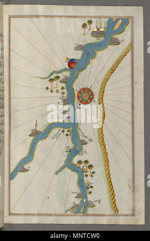 Piri Reis (Türkisch, 1465-1555). "Blatt von Buch Navigation, "17.-18.Jahrhundert. Tinte, Farbe und Gold auf Papier. Walters Art Museum (W. 658.307 B): Erworben durch Henry Walters. W. 658.307 b1004 Piri Reis-Karte der Städte und Oasen entlang des Nils Beginnend mit Bulaq - Walters W 658307 B-volle Seite Stockfoto