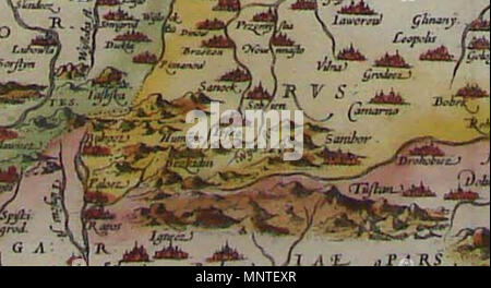. Deutsch: "Poloniae finitimarumque locorum descriptio". One Piece Małopolskie Bezirk Karte von Wacław Grodecki, von 'Theatrum Orbis Terrarum von Abraham Ortelius. Antwerpen 1579. 1579. Wacław Grodecki und Abraham Ortelius, Antwerpen, 1579. 1012 Poloniae finitimarumque locorum descriptio 1579 Sobien Lesko Sanok Stockfoto