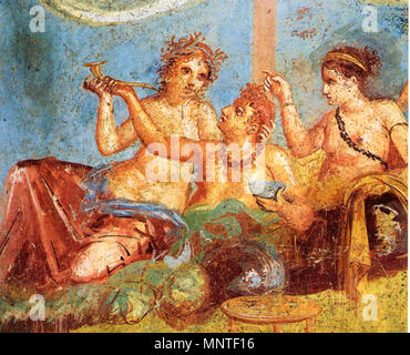 . Englisch: römischen Fresko mit Bankett Szene aus dem Casa dei Casti Amanta (IX 12, 6-8) in Pompeji. English: Bankettszene. Römisches Fresko aus dem Haus der keuschen Liebenden (IX 12, 6-8) in Pompeji. 12. März 2009. WolfgangRieger 1012 Pompeji - Casa dei Casti Amanta - Bankett Stockfoto