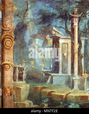 . Italiano: L'Affresco che ritrae un Isolotto roccioso con un tempietto e alta Colonna, rinvenuto nell'Ekklesisterion del Tempio di Iside ein Pompei, è esposto nel Museo Archeologico Nazionale di Napoli (Inv. 8574) (Cat. 1.70). Englisch: Landschaft mit Tempel. Römischen Fresko aus dem Tempel der Isis in Pompeji. Museo Archeologico Nazionale (Neapel) (Inv. nr. 8574). English: Landschaft mit Tempel. Der dargestellte Tempel ähnelt. Tempel der Isis in Pompeji. Römisches Fresko aus dem Tempel der Isis in Pompeji. Museo Archeologico Nazionale (Neapel) Français: Cette fresque représentant un îlot rocheux av Stockfoto