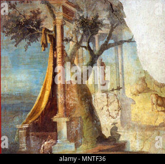 . Italiano: L'Affresco che ritrae una Porta sacra con Albero e Tenda e un tempietto contenente una Statua sullo Sfondo, rinvenuto nell'Ekklesiasterion del Tempio di Iside ein Pompei, è esposto nel Museo Archeologico Nazionale di Napoli (Inv. 8558) (Cat. 1,67). Englisch: Landschaft. Römischen Fresko aus dem Tempel der Isis in Pompeji. Museo Archeologico Nazionale (Neapel) (Inv. nr. 8558). English: Landschaft. Römisches Fresko aus dem Tempel der Isis in Pompeji. Museo Archeologico Nazionale (Neapel). 13. März 2009. WolfgangRieger 1013 Pompeji - Tempel der Isis 3-MANN Stockfoto