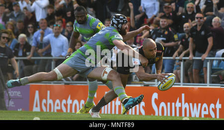 Exeter Häuptlinge' Olly Woodburn Kerben ein versuchen Sie, während der Aviva Premiership Halbfinale am sandigen Park, Exeter. Stockfoto