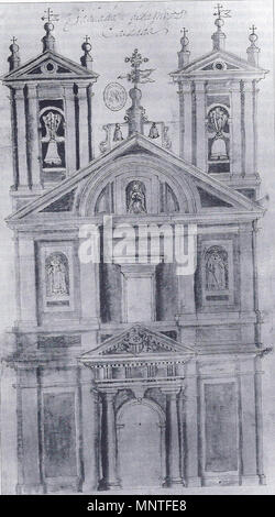 . Español: Dibujo de La Portada de la Iglesia del Convento de la Merced desaparecido Calzada de Valladolid, cuya Iglesia fue demolida en 1849 tras la Desamortización de Mendizábal. En dicho Convento fue sepultada la Reina Leonor Téllez de Meneses, viuda del Rey Fernando ich de Portugal. 18. Ventura Pérez (1704-1784) 1014 Portada de la Iglesia del Convento de la Merced Calzada (Valladolid) Stockfoto