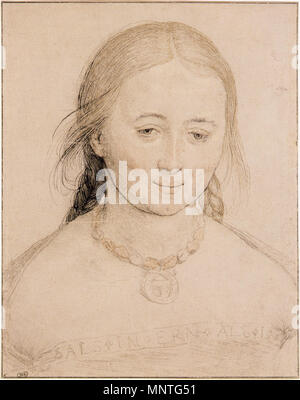 . Englisch: Porträt einer jungen Frau. Silverpoint, Feder und Tusche, Pinsel, weiß gehöht und Weiße und Rote Kreide auf Rosa - grundiert Papier, 19,7 × 15,5 cm, Musée du Louvre, Paris. Die unbekannte Sitter ist das gleiche Modell Holbein für seine Solothurn Madonna von 1522 verwendet. Es ist vorgeschlagen worden, daß sie war Holbein's Frau, Elsbeth, aber die meisten Gelehrten Zweifel (Müller, S. 280). Das Motto entlang der Oberseite der Mieder,' Als in Ern', heißt übersetzt "Alle Ehre". . C. 1520 - 22. Hans Holbein (1497/1498-1543) Alternative Namen: Hans Holbein der Jüngere, Hans Holbein Beschreibung deutscher Maler und Zeichner D Stockfoto