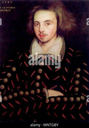 Unbekannte 21-jährige Mann, Christopher Marlowe. Ein Porträt, angeblich von Christopher Marlowe. Es gibt in der Tat keinen Beweis, dass die anonyme sitter Marlowe ist, aber die Hinweise, die in diese Richtung. Marlowe war 21 Jahre alt, im Jahr 1585, als das Bild gemacht wurde. Er war auch der einzige 21-jährige Student an Fronleichnam, wo das Gemälde später gefunden wurde.[1]. 1585. 1018 Portrait von Christopher Marlowe Stockfoto
