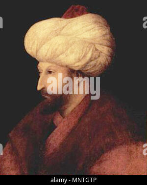 English: Porträt des Sultans Mehmed II. Fatih, "Der Eroberer" Englisch: Portrait von Mehmed II العربية: بورتريه للسلطان محمد الفاتح للرسام جنتيل بيليني 1480. 1020 Portrait von Mehmed II. von Gentile Bellini (7/8) Stockfoto