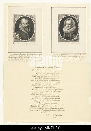 Portrait von Hillegonda Wentzen. Englisch: Portrait von Hillegonda Wentzen (r) Neben einem Portrait von ihrem Ehemann Rombout Hogerbeets (l) auf ein Blatt mit handschriftlichen Biographien und einem Gedicht von Hugo de Groot über Hillegonda Wentzen. . Zwischen 1657 und 1707. 1023 Portret van Hillegonda Wentzen, Hendrik Bary, 1657 1707 RP-P-1881-A-4651 Stockfoto