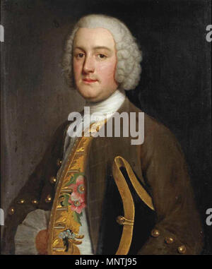 Vermutlich Portrait von Asperno ich Colonna? . Englisch: Bildnis eines Herrn, Büste - Länge, in einem braunen Mantel und eine reich bestickte Weste, ein tricorne Hut unter dem Arm. ca. 1770. 1027 Presunto Ritratto di ich Aspreno Colonna Stockfoto