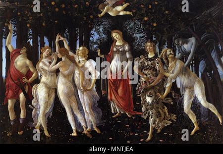 Englisch: Primavera. BOTTICELLI, Sandro Primavera Tempera auf Holz, 203 x 314 cm Uffizien, Florenz. ca. 1482. 1028 Primavera, 01. Stockfoto