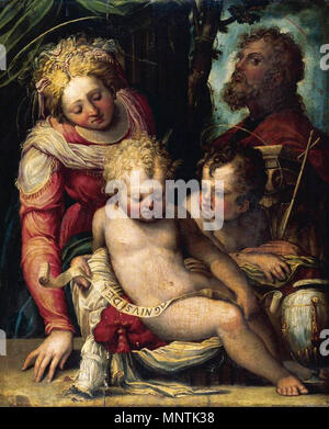 Englisch: Heilige Familie mit Kind, der hl. Johannes der Täufer zwischen 1548 und 1551. 1031 Prospero Fontana Sagrada Familia con San Juanito 1548-51 Stockfoto