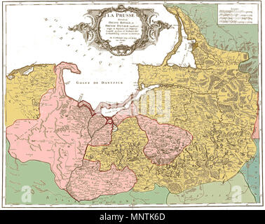 . Karte von Preußen im Jahre 1751, mit der königlichen Preußen (Polnisch) in Rosa und dem Königreich Preußen (Brandenburg), ehemals herzoglichen Preußens in dunklem Gold gezeigt. Französische karte Legende: "La Prusse, divisée en Prusse Royale, et Prusse Ducale erigée laquelle a été en Royaume par l'Empereur Leopold en zugunsten de Frederic I. Wählen.de Brandenburg couroné en Janvier 1701. Par le Sr. Robert Geog. ord. Du Roy. Avec Privilege. 1751. Guill. Delahaye, sculpsit.". 1751. Robert de Vaugondy (1688-1766) Alternative Namen Gilles Robert de Vaugondy Beschreibung französische Kartograph und Geograph Geburtsdatum/deat Stockfoto