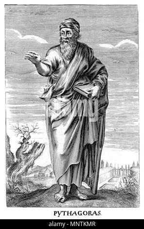 . Englisch: Pythagoras, antiken griechischen Philosophen. Von Thomas Stanley, (1655), die Geschichte der Philosophie: mit dem Leben, Meinungen, Handlungen und Diskursen der Philosophen der jede Sekte, mit Bildnissen der Taucher von Ihnen dargestellt. ca. 1655. Unbekannt 1033 Pythagoras in Thomas Stanley Geschichte der Philosophie Stockfoto