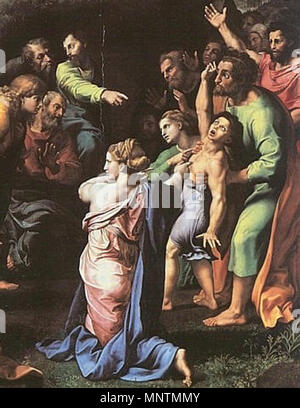 Verklärung und Deutsch: Heilung des besessenen Knaben. Detail. 1518-1520. 1038 Raffael Verklärung Detail Stockfoto