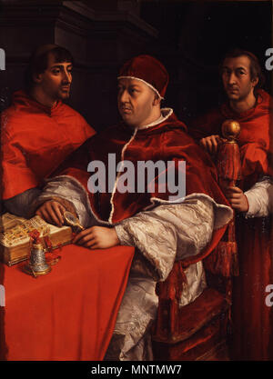 Italienisch: Ritratto di Leone X coi cardinali Giulio de' Medici e Luigi de' Rossi Portrait von Papst Leo X mit Kardinälen Giulio de' Medici und Luigi de' Rossi circa 1518. 1038 Raffaello Sanzio - Ritratto di Leone X coi cardinali Giulio de' Medici e Luigi de' Rossi - Google Kunst Projekt Stockfoto