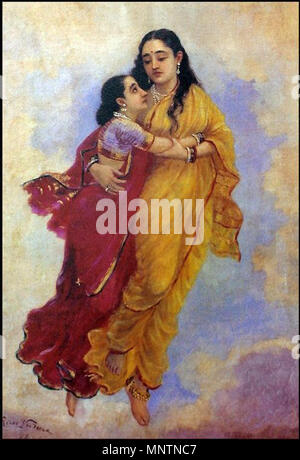 Englisch: Menaka und Shakuntala മലയാളം: മേനകയും ശകുന്തളയും. Englisch: Apsaras Sakunthala Menakataking ihre Tochter, während sie schwanger war und von König Dushyantha verworfen. മലയാളം: ദുഷ്യന്തനാൽ പരിത്യജിക്കപ്പെട്ട ഗർഭിണിയായ ശകുന്തളയെ മേനക കൂട്ടിക്കൊണ്ടു പോകുന്നു. . Datum unbekannt. 1040 Raja Ravi Varma, Menaka und Sakunthala (1891) Stockfoto