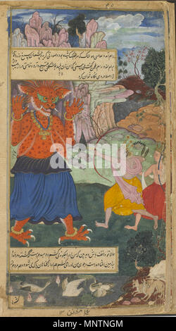 . Englisch: Folio aus dem Ramayana von Valmiki Ramayana (Freier), Vol.1, Folio 35; recto: Text; Verso: Rama und Laksmana Angriff Tataka Mushfiq, 1597-1605 (Indische, Mughal dynasty Opak Aquarell, Tinte und Gold auf dem Papier H: 25,6 W: 13,7 cm Nordindien Geschenk des Charles Lang Freer F 1907.271 .35. zwischen 1597 und 1605. Mushfiq, (Indische, Mughal Dynasty 1041 Rama und Laksmana Angriff Tataka Stockfoto