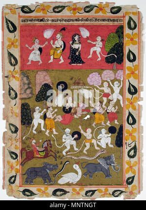 . Englisch: Serie Titel: Rama's Reise Suite Name: Ramayana Erstellungsdatum: Ca. 1745 Display Abmessungen: 11 3/8 x 7 7/8 in. (28,9 cm x 20 cm) Kreditlinie: Edwin Binney 3 Sammlung Beitritt Artikelnummer: 1990.753 Sammlung: <a href='Http://www.sdmart.org/art/our-collection/asian-art' rel='nofollow'> Die San Diego Museum der Kunst</a>. 6. September 2011, 14:29:10. Englisch: thesandiegomuseumofartcollection 1041 Rama und Sita Rückgabe von Lanka (6125104214) Stockfoto