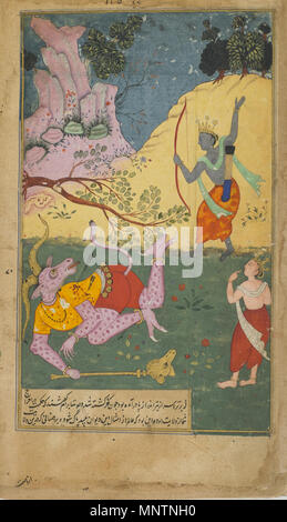 . Englisch: Folio aus dem Ramayana von Valmiki Ramayana (Freier), Vol.1, Folio 123, recto: Text; Verso: Rama Streiks nach Khara mit einem Pfeil (1597-1605 Qasim, Indischen, Mughal dynasty Opak Aquarell, Tinte und Gold auf dem Papier H: 23,1 W: 13,7 cm Nordindien Geschenk des Charles Lang Freer F 1907.271 .123. zwischen 1597 und 1605. Qasim, (Indische, Mughal Dynasty 1041 Rama Streiks Khara mit einem Pfeil nach unten Stockfoto