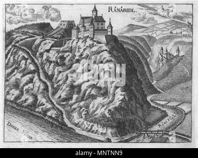 RÄNÄRIDL. English: Schloss Rannariedl in Oberösterreich auf einem Stich von M. Vischer, Topographia Austriae superioris modernae Englisch: Schloss Rannariedl in Oberösterreich, Zeichnung von M. Vischer 1674. 1674. 1042 Rannariedl Vischer brutto Stockfoto