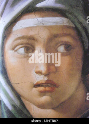 . Englisch: Detail des Freskos Delphic Sibyl von Michelangelo an der Decke der Sixtinischen Kapelle (1509). English: Delphische Sibylle, Detail des Freskos in der Sixtinischen Kapelle. . 19. Oktober 2008. 1116 Sibylle von Delphi - Sixtinische Kapelle - Nahaufnahme Stockfoto