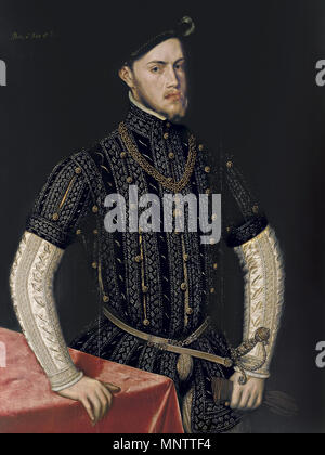 Spanisch: Retrato de Felipe II Portrait von Philip II. Español: Retrato del rey Felipe II de España (1527-1598), Que fue hijo del Emperador Carlos I de España y de la Reina Isabel de Portugal. . Zwischen 1549 und 1550. 1056 Retrato de Felipe II - Antonio Moro Stockfoto