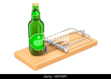 Alkohol Trap Konzept. Bierflasche in die Mausefalle, 3D-Rendering auf weißem Hintergrund Stockfoto