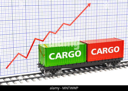 Wachstum des Güterverkehrs Konzept. Güterzug mit Cargo Container mit wachsenden Chart. 3D-Rendering. Stockfoto