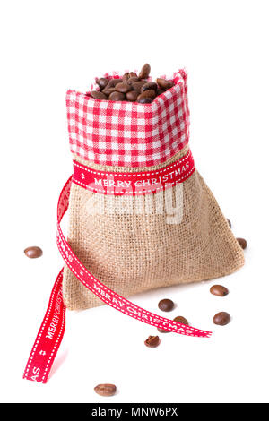 Geschlossen sack Tasche mit roter Schleife auf weißem Hintergrund Stockfoto