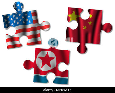 USA, China und Nordkorea als Stichsäge Puzzleteile mit den Flaggen der Vereinigten Staaten von Amerika, China und Nordkorea auf weißem Hintergrund Stockfoto